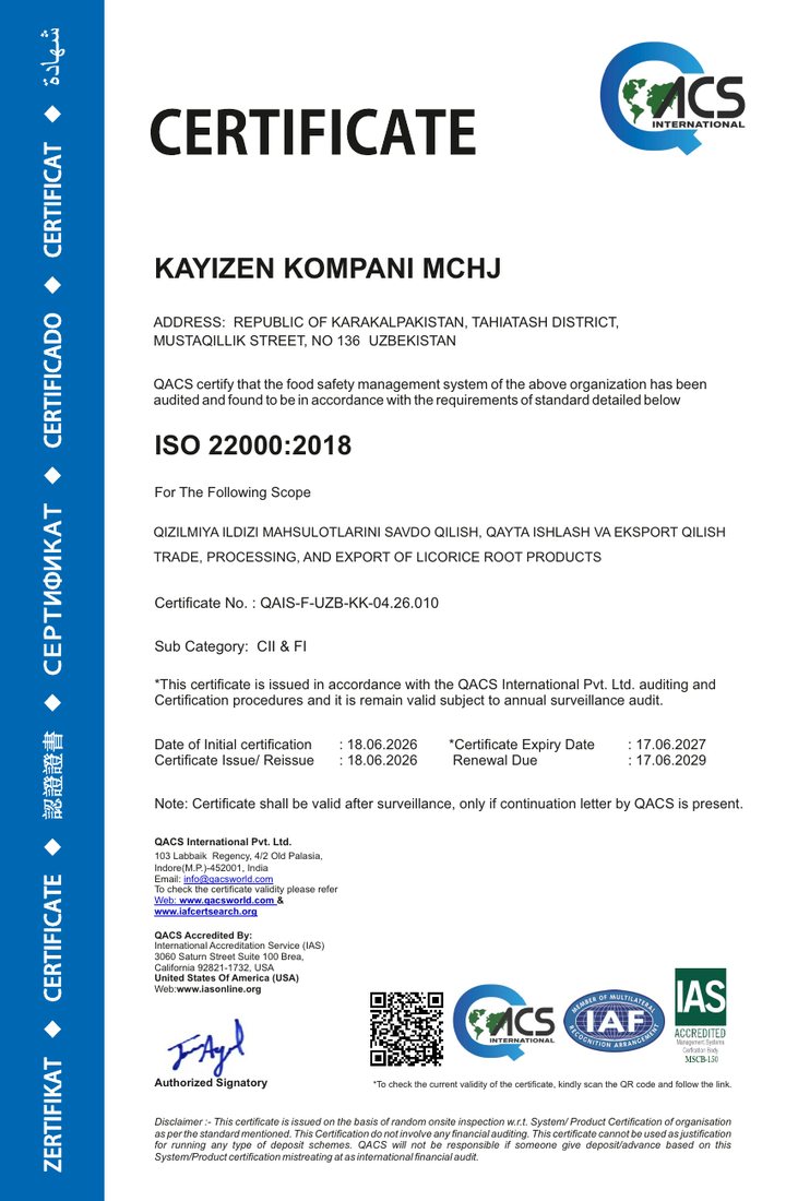 ISO 22000:2018 certificate — QACS International